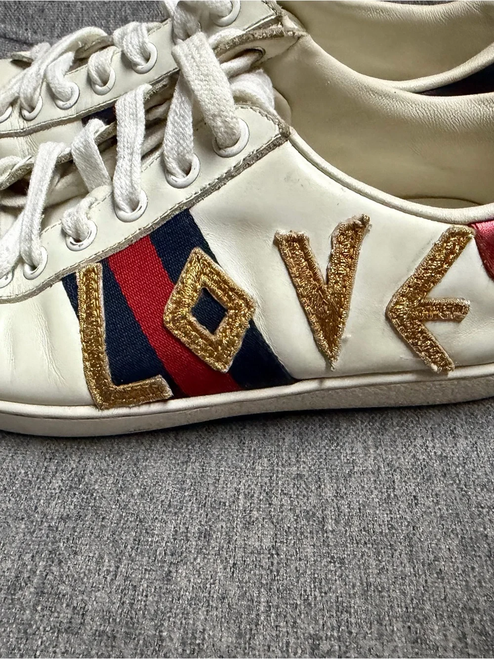 White Leather 'Loved' Low-Top Sneakers with Red & Blue Stripe